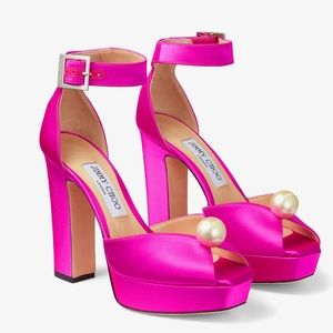 Jimmy Choo Socorie 120 - Platform Satin Sandal with Pearl - Fuchsia -8.5 - NWB